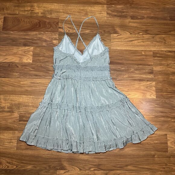 Mi Ami Grace Babydoll Dress Womens Medium Green Shimmer Tier Ruffle Mini - Picture 6 of 10